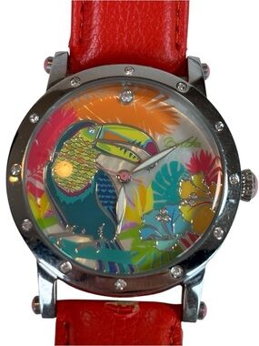 Bertha Toucan Tropical Watch Rhinestone Bezel Orange Leather Strap